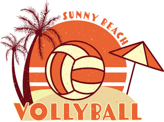 Vintage flat design is showing volleyball on sand under palms and umbrella, transparent background