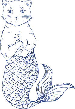 Fototapeta Cat-mermaid hybrid is swimming with forepaws, scaled tail in blue line art, transparent background