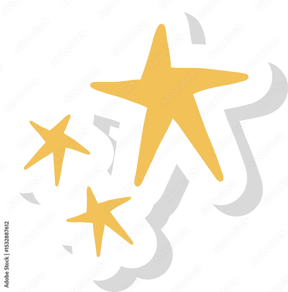 Poster flat design golden stars are floating on transparent background with white edges and black shadows