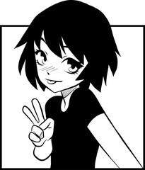 Anime girl is making peace sign with blush, tongue peek in line art frame, transparent background