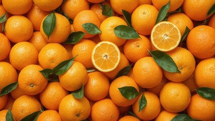 Close up of many fresh oranges with green leaves some sliced in half showing juicy texture and vibrant color