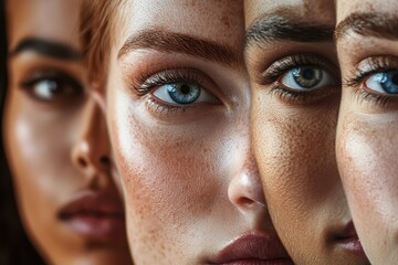 Human faces represent diverse beauty showcasing unique features and expressions with close-up portraits of different individuals highlighting individuality and cultural richness