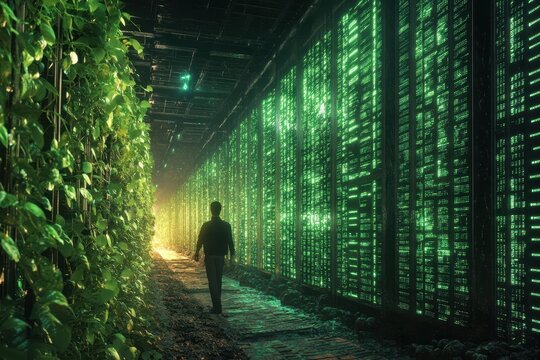 Agriculturist explores a data center integrated with green technology for sustainable farming practices and innovation