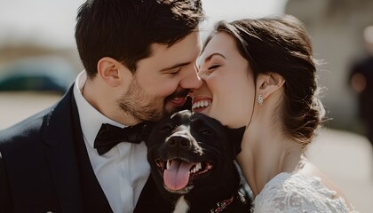 Couple and dog share a joyful moment.