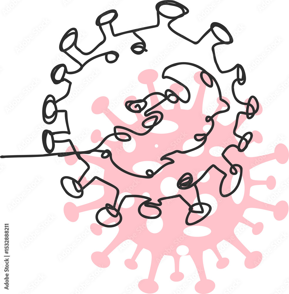 Poster overlapping spiky spheres showing virus in flat design scribbling spikes on transparent backdrop
