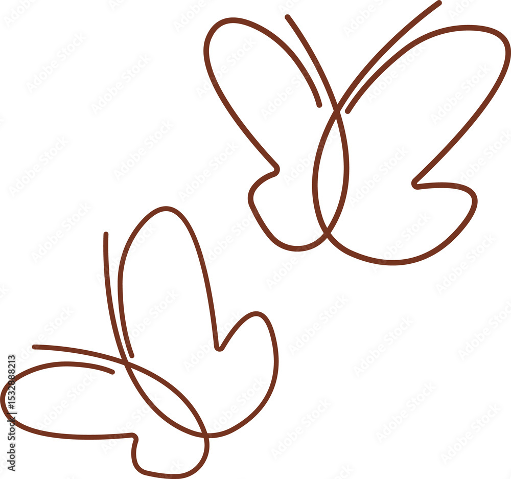 Poster two stylized butterflies are floating in line art with brown outlines on transparent background