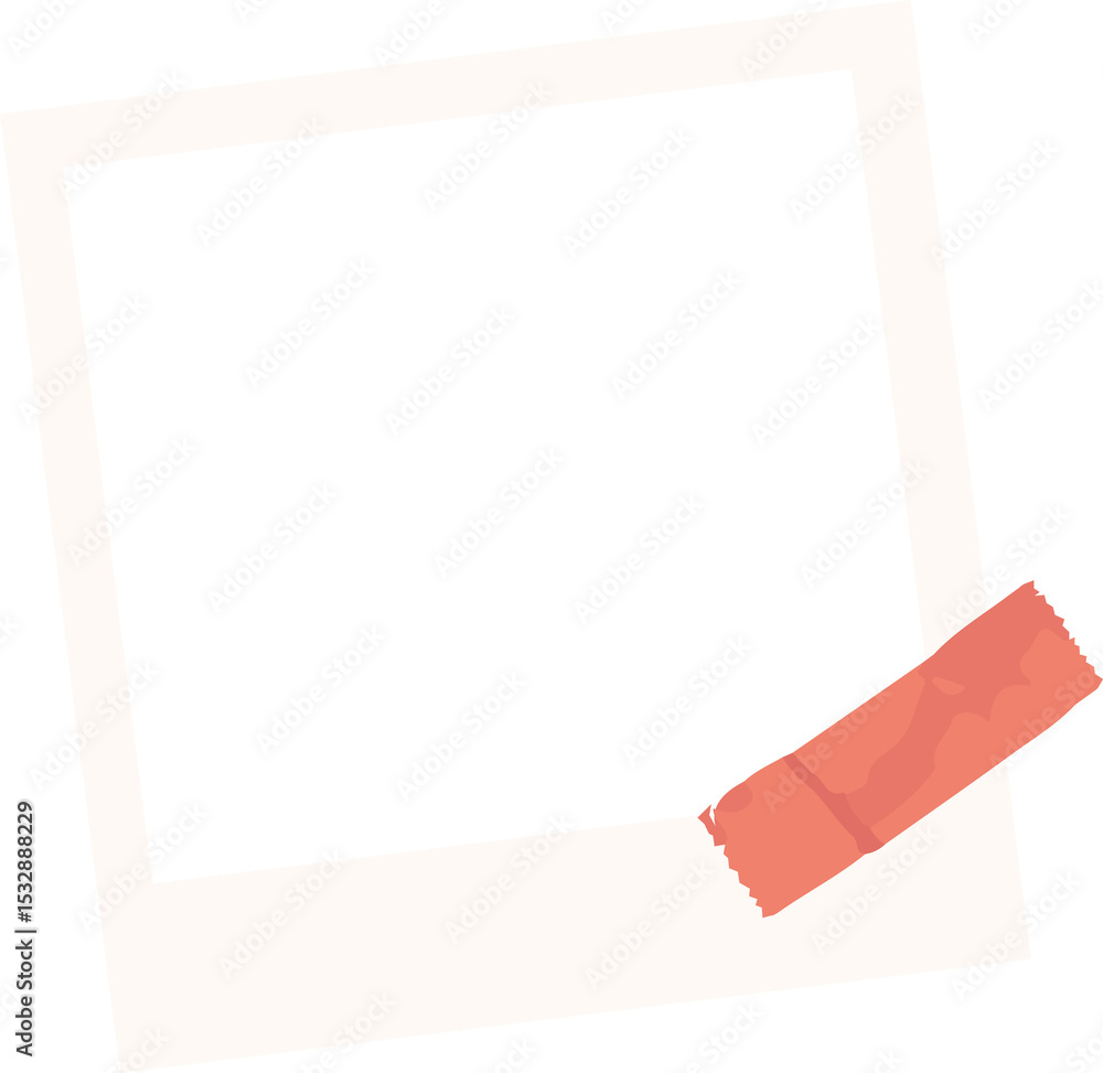 Poster flat design off-white instant print frame is floating on transparent backdrop with torn salmon tape