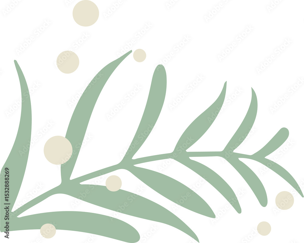 Aufkleber flat design is showing leafy branch motif on transparent backdrop with green leaves, cream berries
