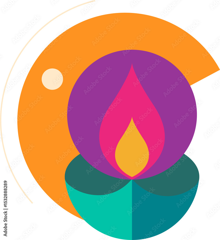 Poster flat design candle flame is floating on transparent background with teardrop shapes, purple circle