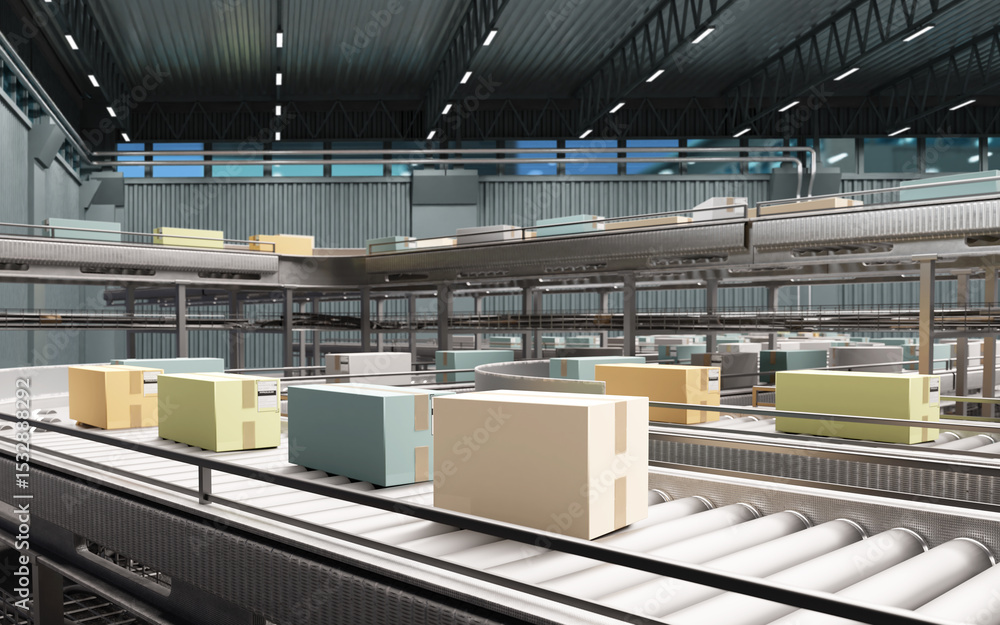 Poster automated sorting system in a warehouse with conveyor belts transporting labeled cardboard boxes, us