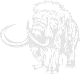 Woolly mammoth line art is standing on transparent background showing curved tusks and shaggy fur