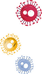 Cartoon virus particles are floating on transparent background showing red yellow blue spikes