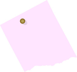 Torn pastel pink paper floating pinned by gold pushpin casting shadow on transparent background