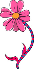 Flat pink flower is showing yellow center blue-red striped stem two leaves on transparent backdrop © vectorfusionart