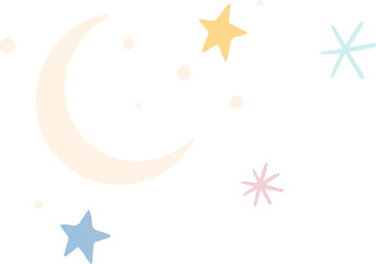 Fototapeta premium Stylized cream crescent moon is floating in flat design with dots, pastel stars on clear background