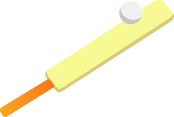 Isometric design is showing pale yellow bat, orange-gradient handle, white ball on clear background
