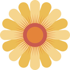 Displaying solar flower in flat art showing orange center, yellow petals on transparent canvas
