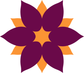 Flat floral emblem is displaying purple and orange petals around star core, transparent background