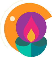 Flat design candle flame is floating on transparent background with teardrop shapes, purple circle