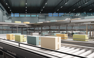 Fototapeta na wymiar Automated sorting system in a warehouse with conveyor belts transporting labeled cardboard boxes, used in logistics and distribution centers – Logistics. 3d image