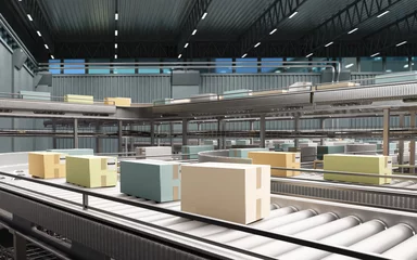 Gardinen Automated sorting system in a warehouse with conveyor belts transporting labeled cardboard boxes, used in logistics and distribution centers – Logistics. 3d image © Grispb