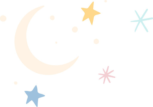 Naklejki Stylized cream crescent moon is floating in flat design with dots, pastel stars on clear background