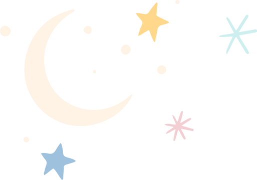 Stylized cream crescent moon is floating in flat design with dots, pastel stars on clear background