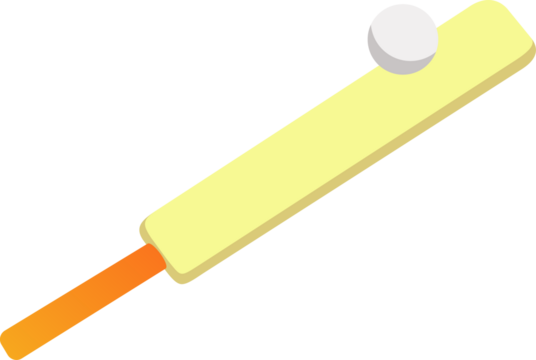 Isometric design is showing pale yellow bat, orange-gradient handle, white ball on clear background
