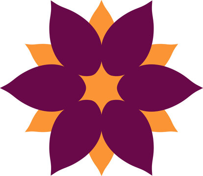 Fototapeta Flat floral emblem is displaying purple and orange petals around star core, transparent background