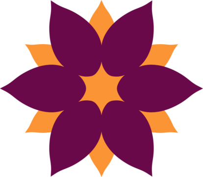 Flat floral emblem is displaying purple and orange petals around star core, transparent background