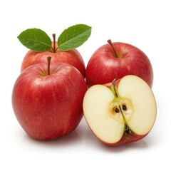 Three red apples with one sliced open showing seeds and fresh green leaves on white background