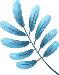 Fern frond is showing in watercolor art, with blue leaves and vein patterns, transparent background