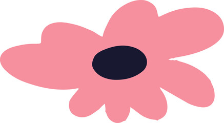 Stylized pink flower is radiating seven rounded petals from navy oval on transparent canvas