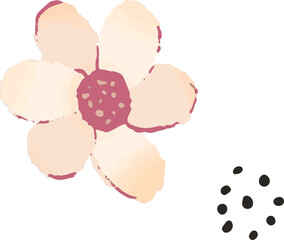 Flat illustration showing stylized pastel flower floating on transparent backdrop with black ovals