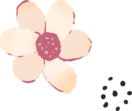 Flat illustration showing stylized pastel flower floating on transparent backdrop with black ovals