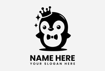 Cartoon penguin with crown and bow tie black and white vector logo design for special occasions  
