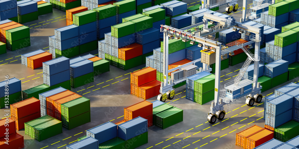 Poster colorful shipping containers stacked in a busy container yard with gantry cranes operating during da