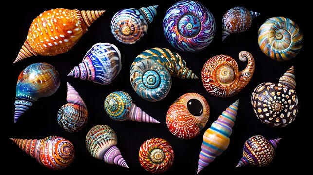 Colorful Variety of Seashells on Black Background for Coastal Decor