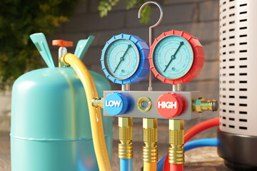 Close-up of HVAC manifold gauge set with pressure dials connected to refrigerant tank and AC unit,...
