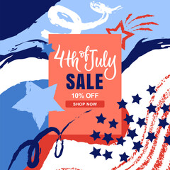 Vector holiday sale banner for USA Independence Day 4th of July. Hand drawn stars and stripes in chalk crayon style.