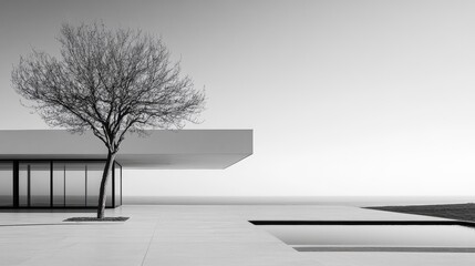Obraz premium Minimalist Architectural Design Featuring a Tree Against an Expansive Horizon in Black and White