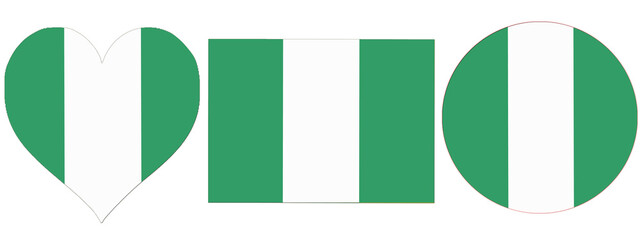 Nigeria Flag, Nigeria national Flag has vertical bands of green, white, green. A vertical bicolor triband of green, white and green. Flag isolated on white background. 
Nigerian Flag