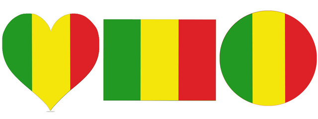 Mali flag, Mali National flag is tricolor with 03 equal vertical stripes the colors are green, gold, and red. Flag isolated on white background. Circular and Rectangular shape Mali flag.