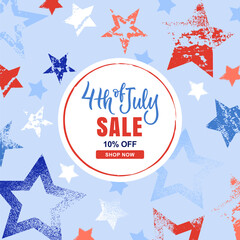 Vector holiday sale banner for USA Independence Day 4th of July. Stars with grunge texture on blue background.