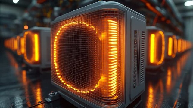Heating coils in manufacturing: A row of cutting-edge industrial equipment glows with internal warmth, showcasing the precise process of heating coils within a technological marvel of machinery.