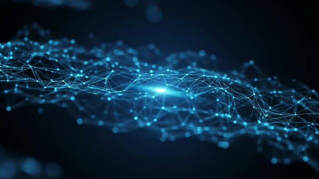Glowing intricate 3D model of a neural network in dark space  