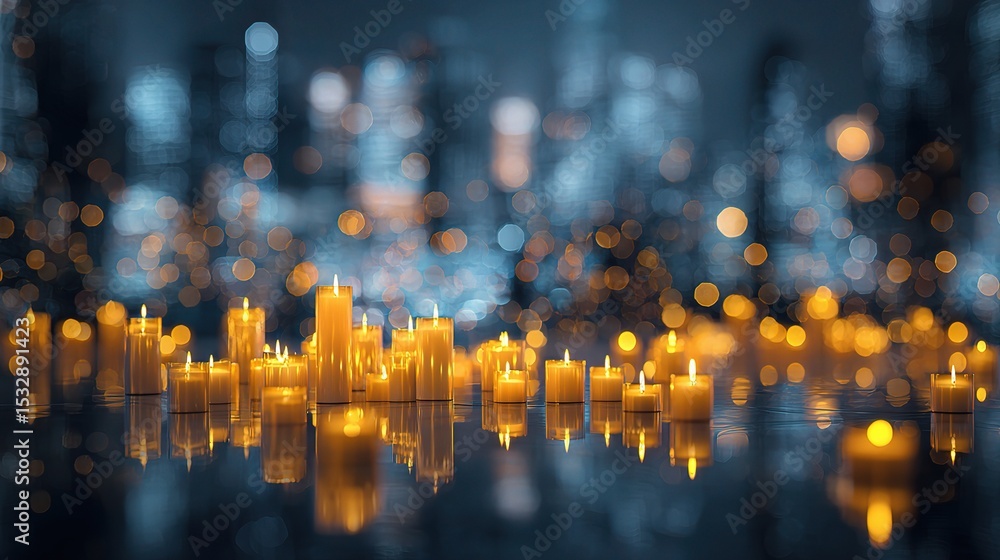 Aufkleber glowing candles floating in abstract bokeh background at night