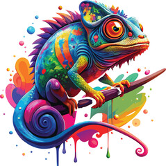 Vibrant chameleon on branch with colorful paint splashes