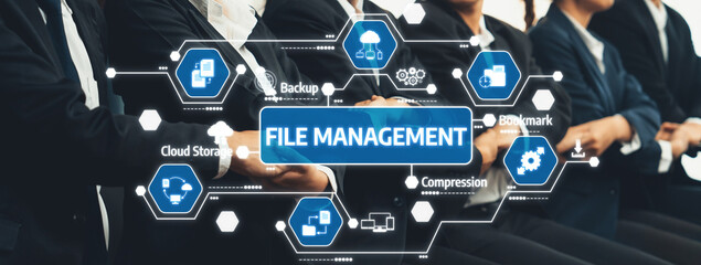 A professional business team engages in a discussion about modern file management. The infographic...