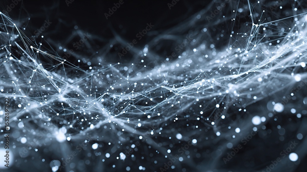 Poster abstract particle field with glowing white nodes and connections